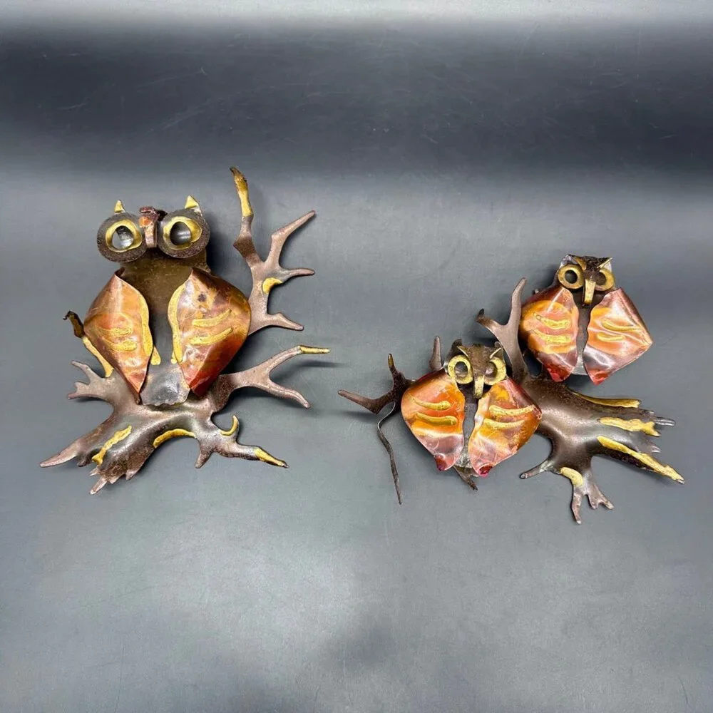 Vintage Owl Wall Art Brutalist 1970s Metal Set Of 2 Mid Century Modern Sculpture - Picture 2 of 10